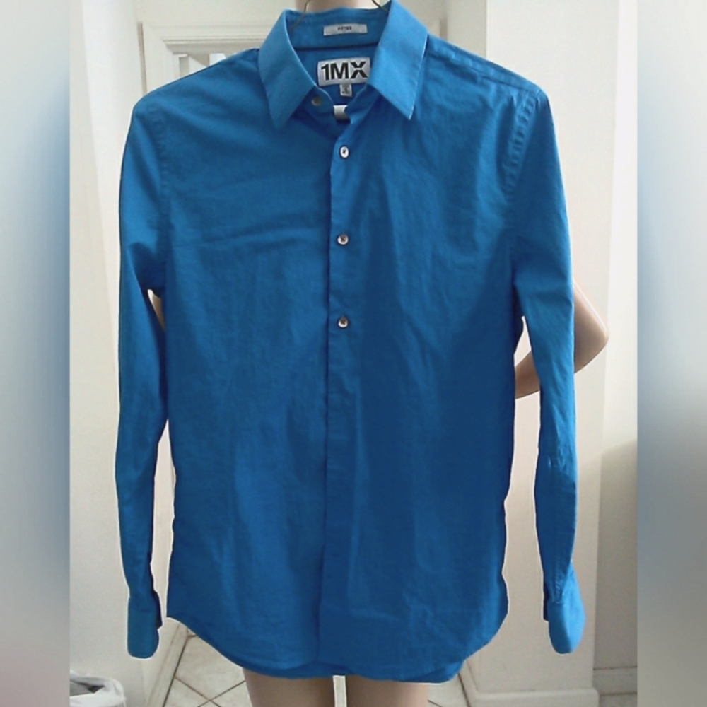 GORGEOUS BLUE MENS DRESS SHIRT BY 1MX EXPRESS SZ. M 15-15.5 FITTED LONG SLEEVE